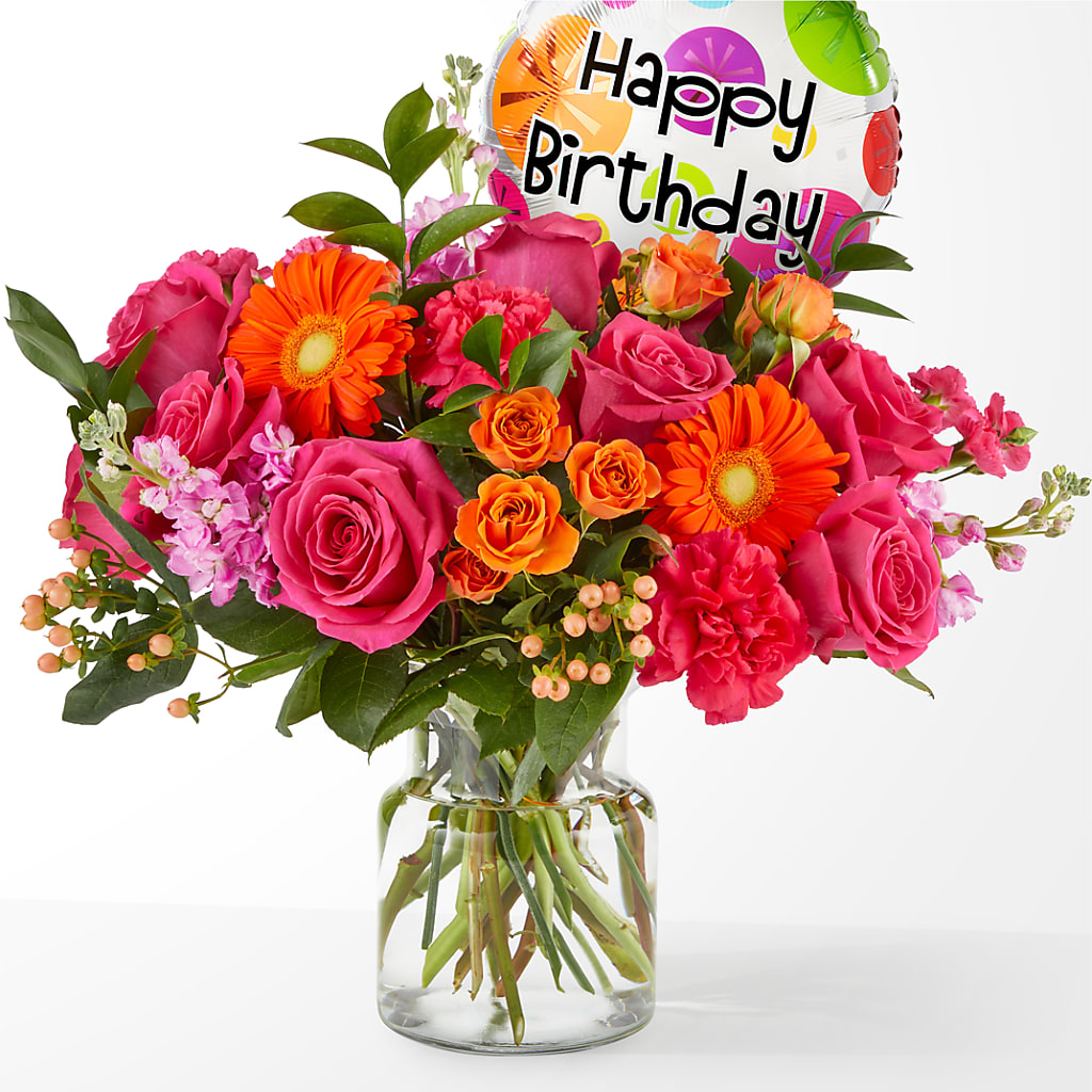 Fiesta Bouquet with Birthday Balloon – The Florist Ltd, Denton TX