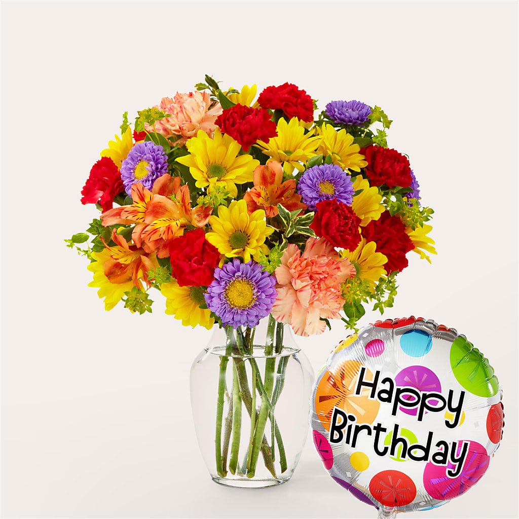 Kaleidoscope Bouquet with Birthday Balloon – The Florist Ltd, Denton TX