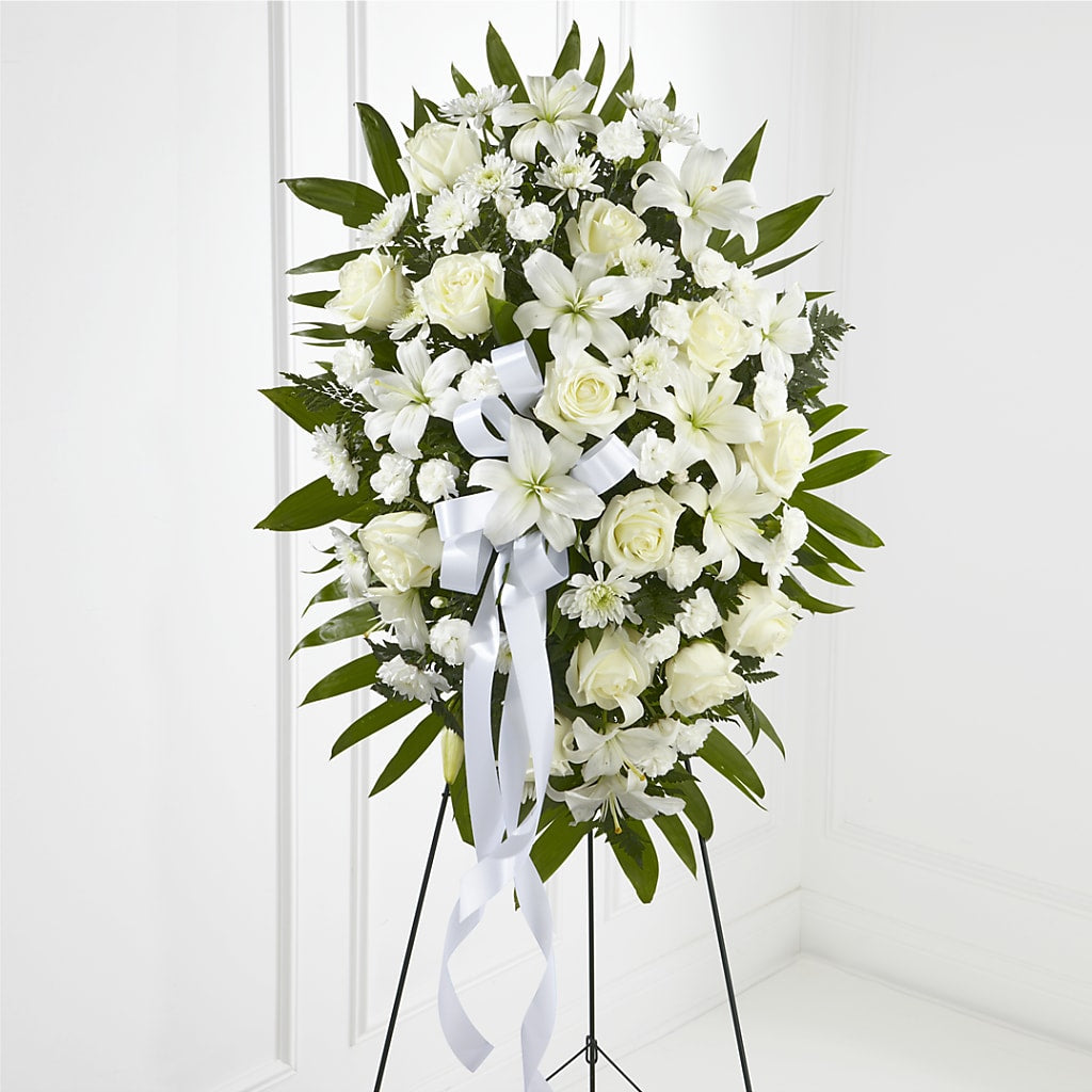 Exquisite Tribute Standing Spray-White Ribbon – The Florist Ltd, Denton TX
