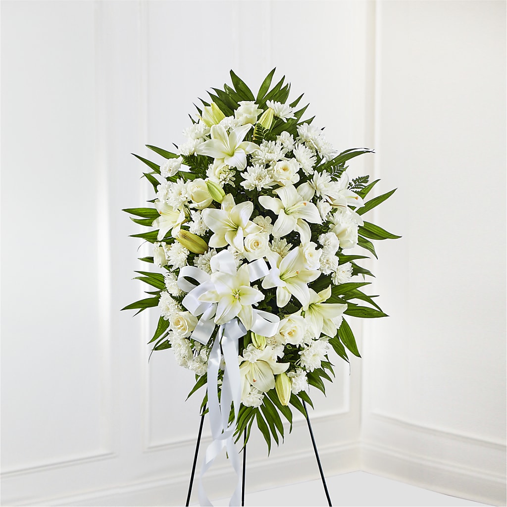 Exquisite Tribute Standing Spray-White Ribbon – The Florist Ltd, Denton TX